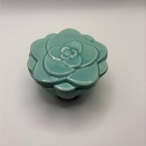 Turquoise Ceramic Trinket Box with Rose Design Approx 4 Inches Wide